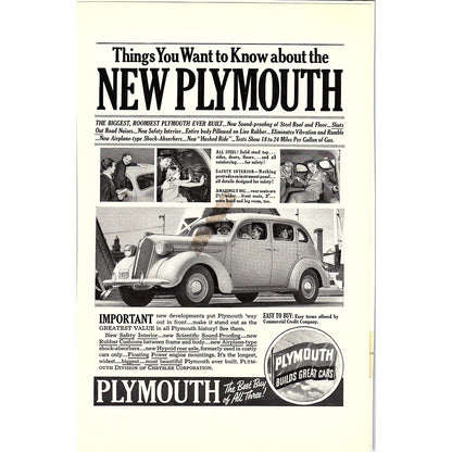 1937 The New Chrysler Plymouth Automobile Antique Magazine Ad 6.5x9.5 V4