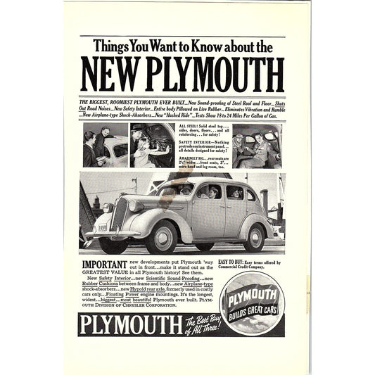 1937 The New Chrysler Plymouth Automobile Antique Magazine Ad 6.5x9.5 V4