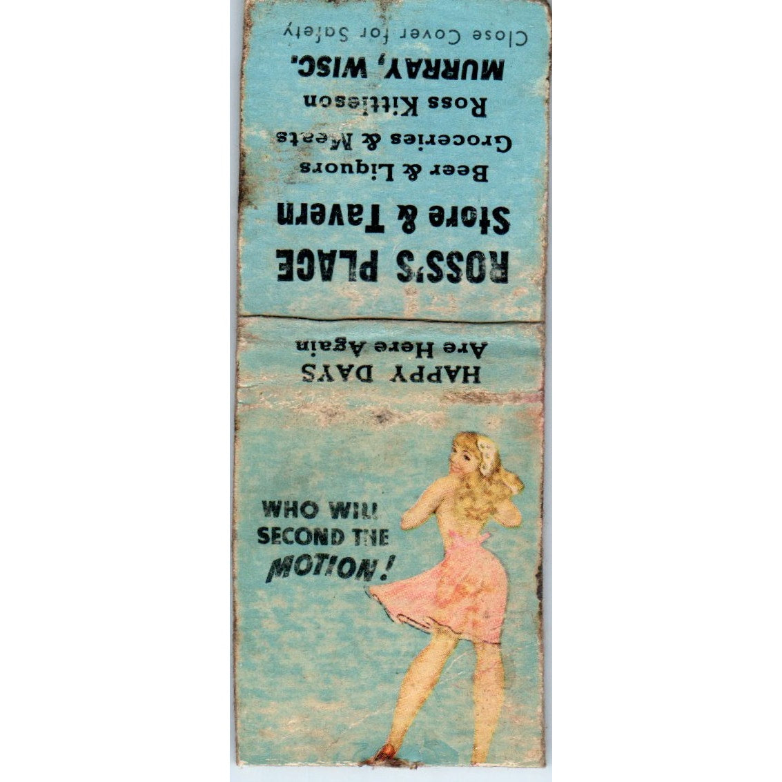 Ross's Place Store & Tavern Ross Kittleson Murray WI Pinup Vtg Matchbook SD2-Y5