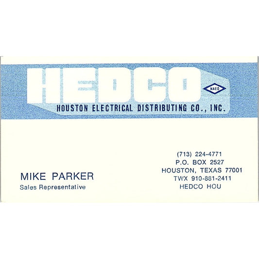 Hedco Houston Electrical Mike Parker Houston Texas vintage Business Card SF3-B6