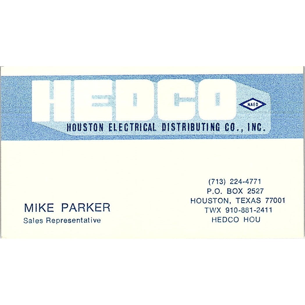 Hedco Houston Electrical Mike Parker Houston Texas vintage Business Card SF3-B6