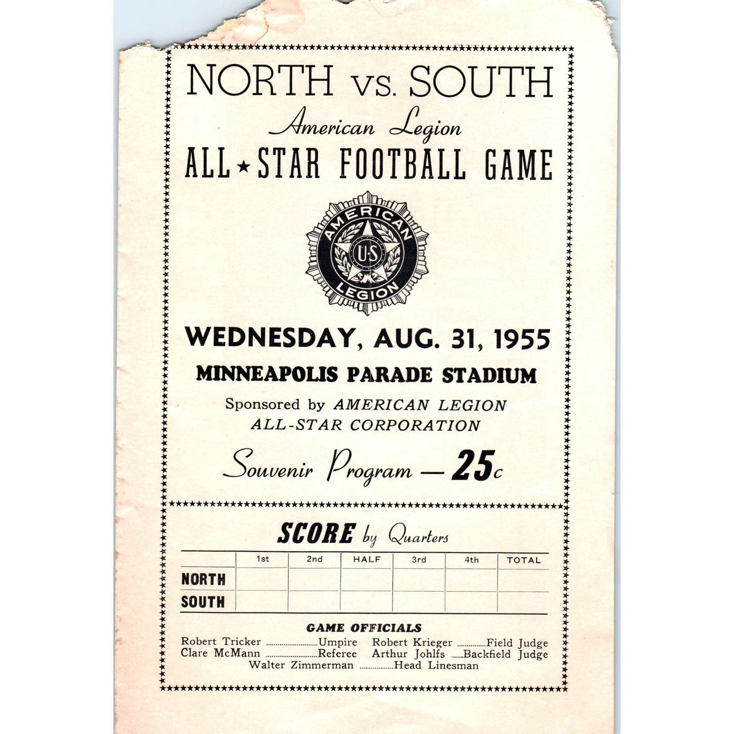 1955 North South American Legion All Star Football Game Program Minneapolis AE2