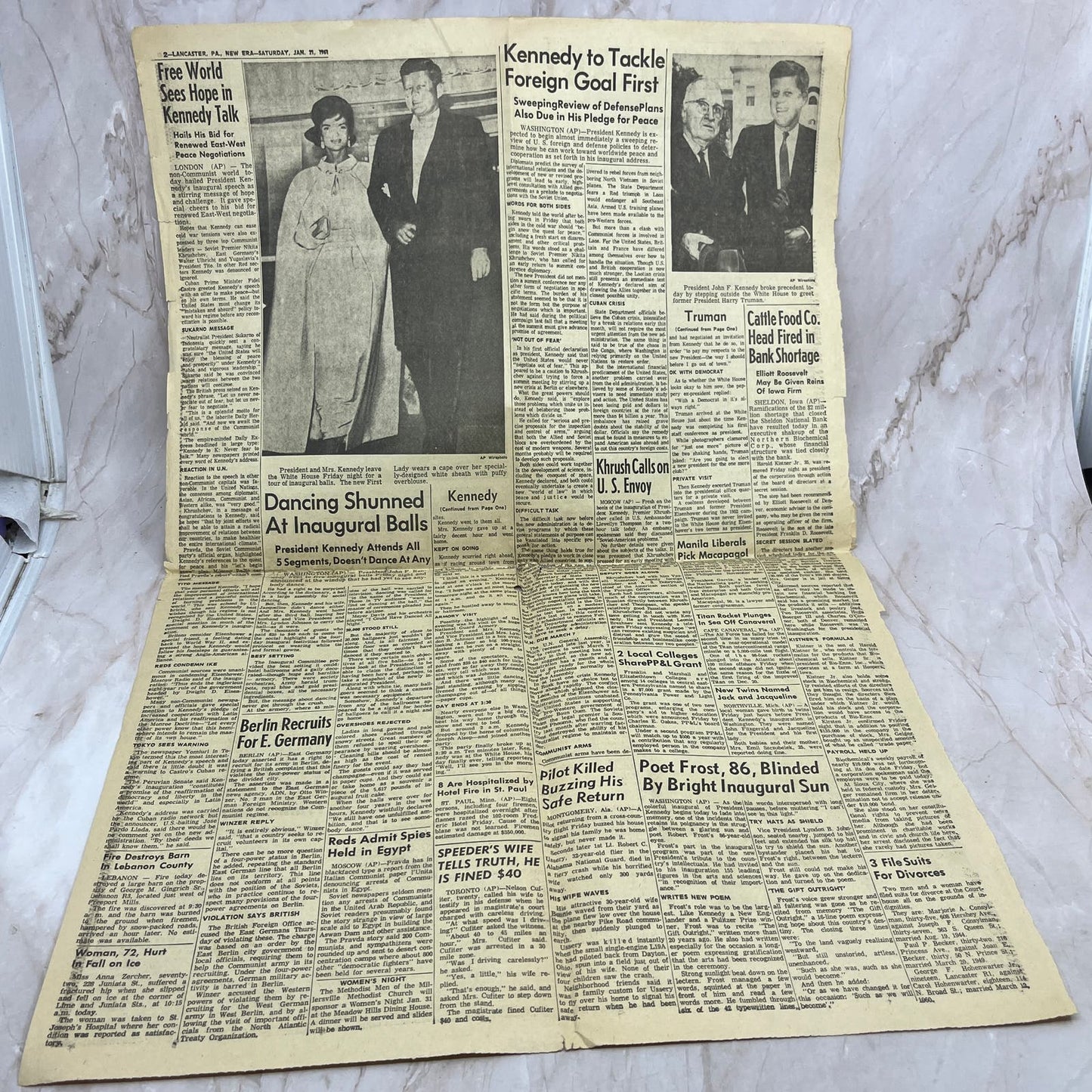 Lancaster News Era Jan 21, 1961 JFK Kennedy First Day in Office Newspaper FL6-7