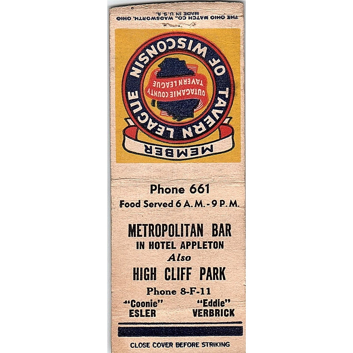 Metropolitan Bar High Cliff Park Coonie Esler Eddie Verbeck WI Matchbook SF3-Y3