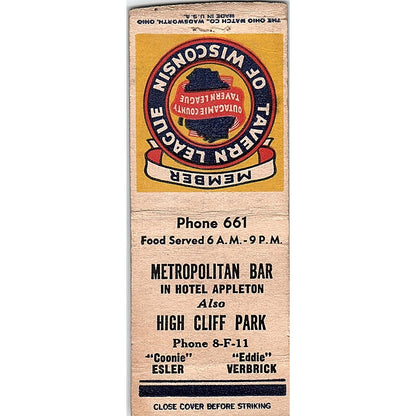 Metropolitan Bar High Cliff Park Coonie Esler Eddie Verbeck WI Matchbook SF3-Y3