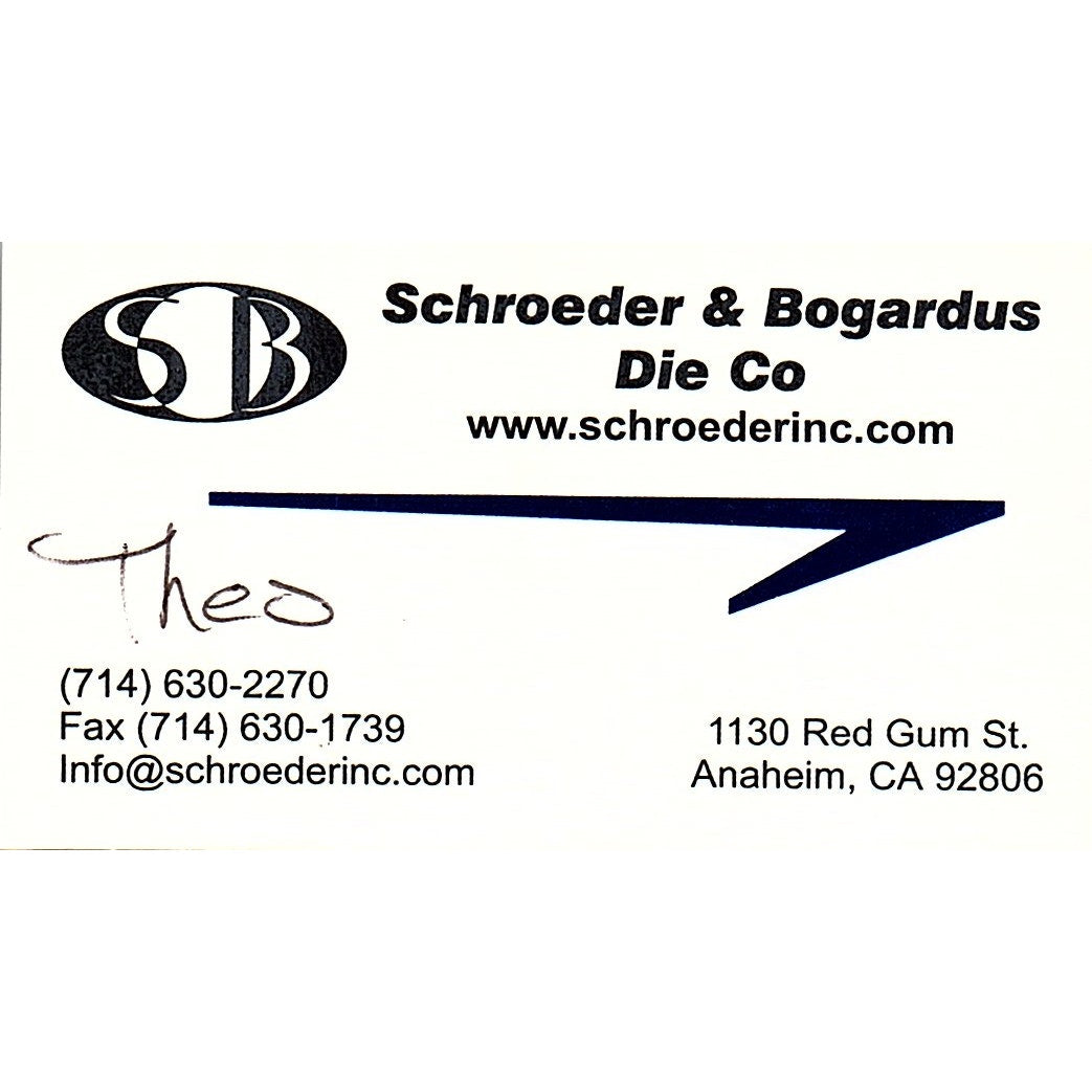 Schroeder & Bogardus Die Co Theo Anaheim CA Vintage Business Card SC9-B11