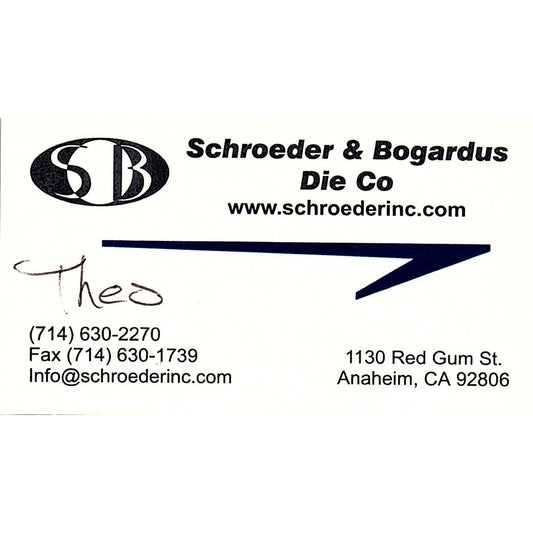 Schroeder & Bogardus Die Co Theo Anaheim CA Vintage Business Card SC9-B11