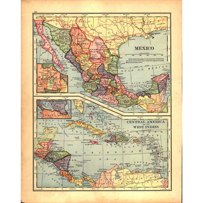 Map USA Plateau States / Mexico Central America West Indies 1901 Engraving V1-1