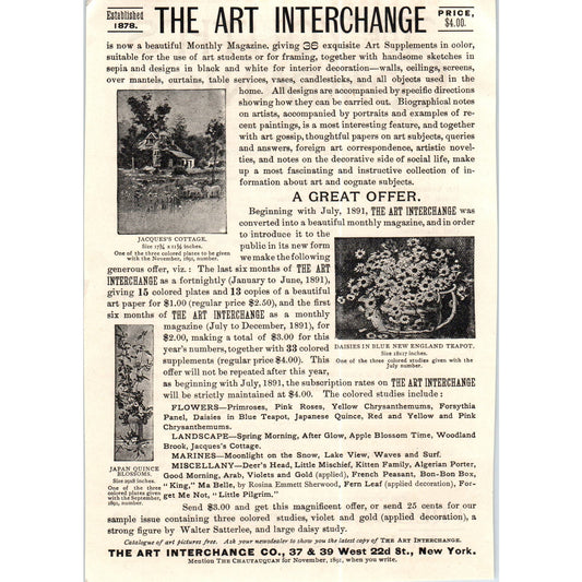 The Art Interchange Jacque's Cottage Japan Quince Blossom c1890 Victorian Ad AE8