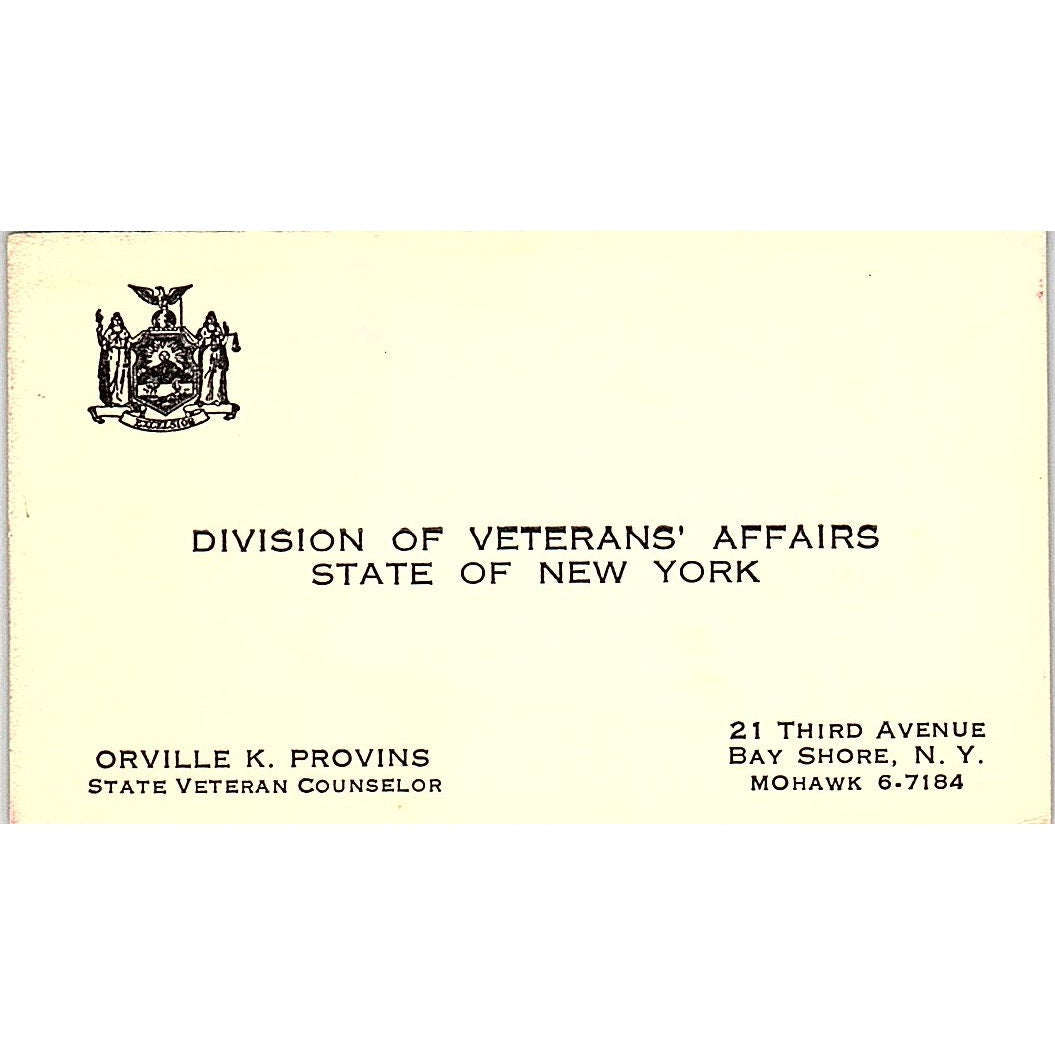 Orville K. Provins Veterans Affairs Bay Shore N.Y. Vintage Business Card SF3-B3