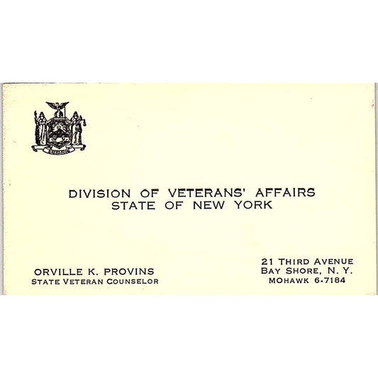 Orville K. Provins Veterans Affairs Bay Shore N.Y. Vintage Business Card SF3-B3