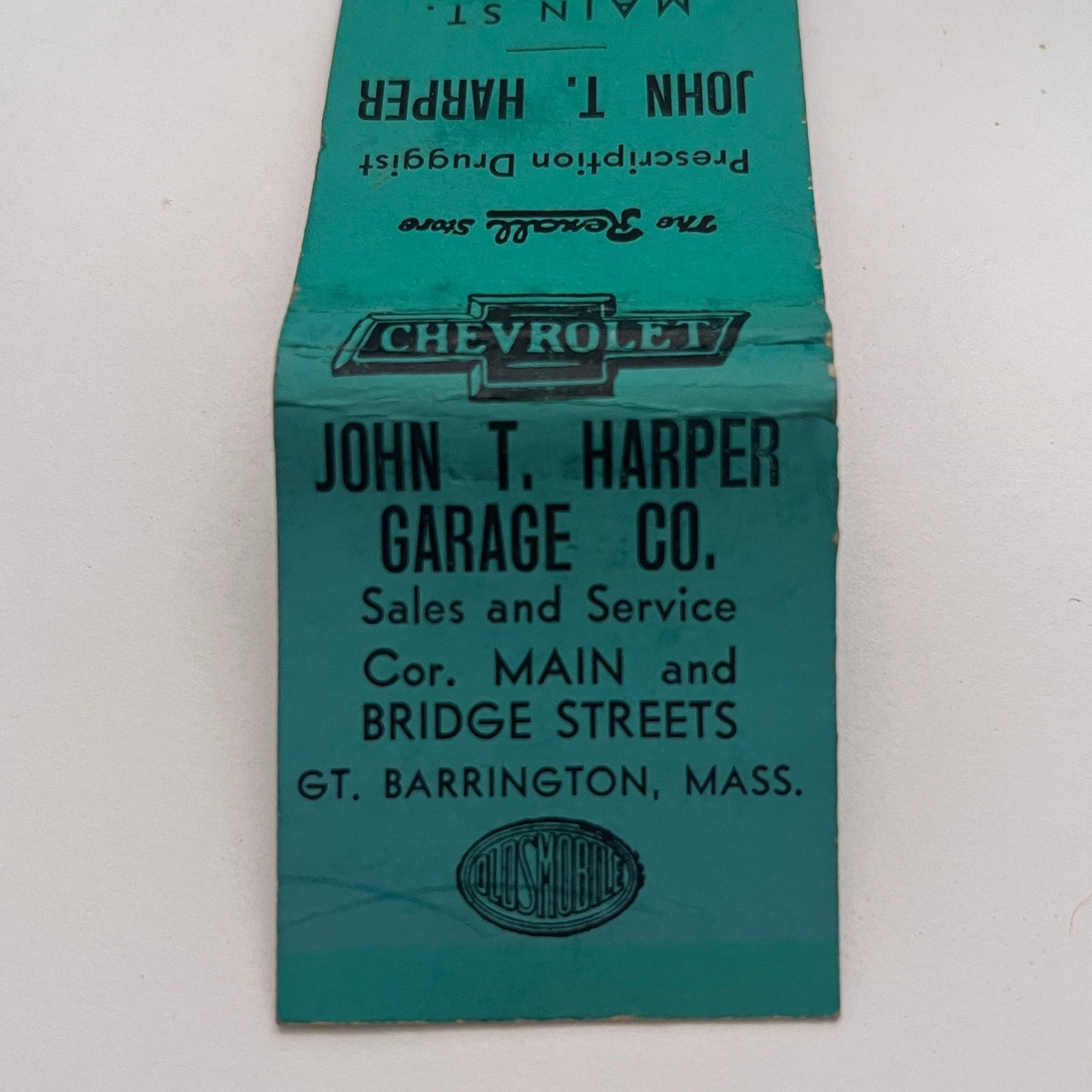 John T Harper Garage Co Chevrolet Gt. Barrington MA Vtg Matchbook Cover MM3-4