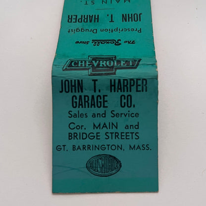 John T Harper Garage Co Chevrolet Gt. Barrington MA Vtg Matchbook Cover MM3-4