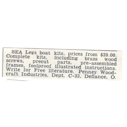 Sea Legs Boat Kits - Pennel Woodcraft Industries, Defiance OH 1955 Ad AG1-S7