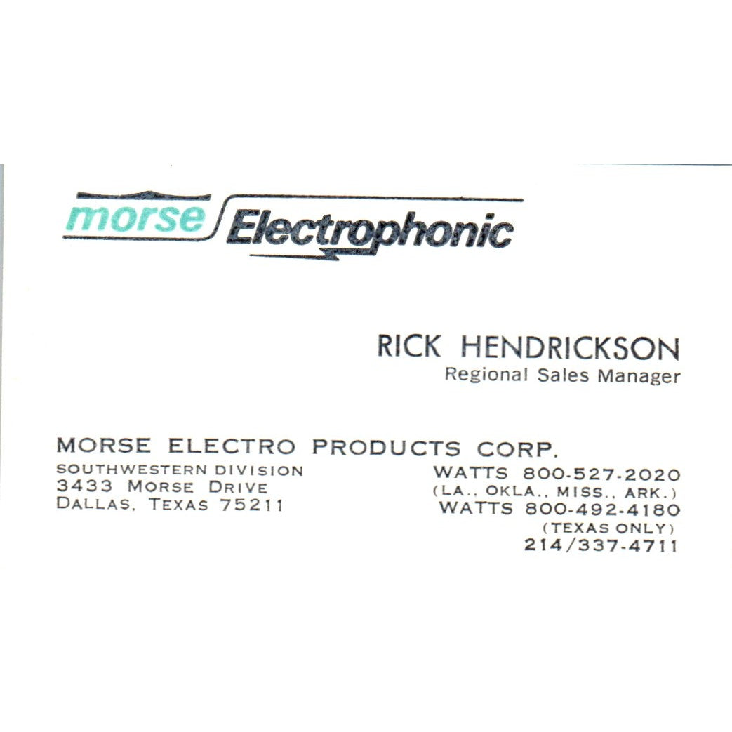 Rick Hendrickson Morse Electrophonic Dallas TX Vintage Business Card SD8-B5