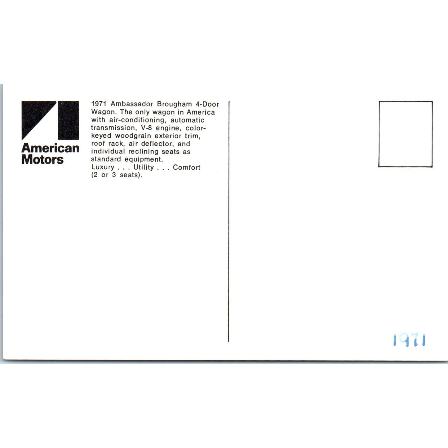 1971 Ambassador Brougham 4-Door Wagon Brown Promo Vintage Postcard PC6