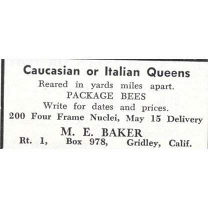Italian Queens Package Bees M.E. Baker Gridley CA 1961 Magazine Ad AK6-S13
