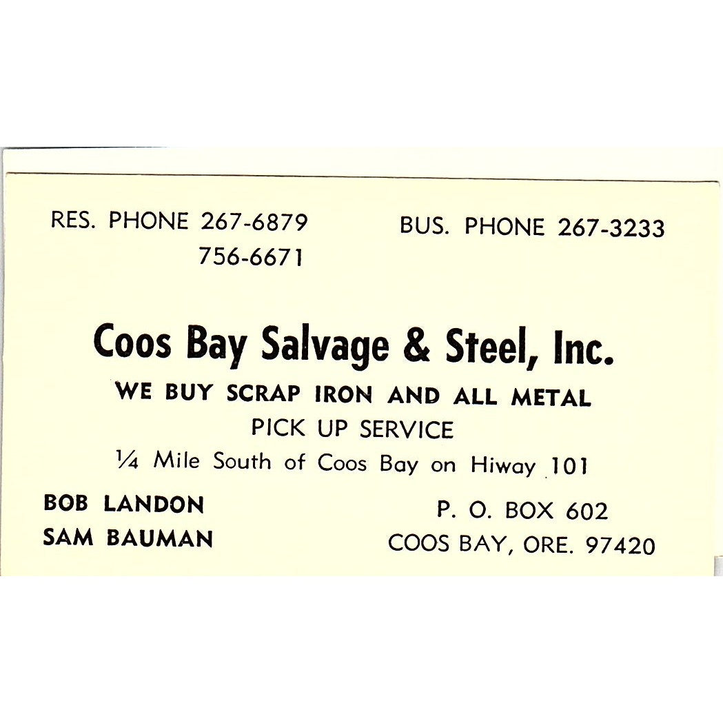 Bob Landon Sam Bauman Coos Bay Salvage & Steel OR Vintage Business Card SC9-B12