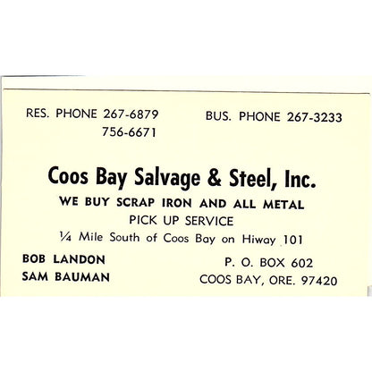 Bob Landon Sam Bauman Coos Bay Salvage & Steel OR Vintage Business Card SC9-B12