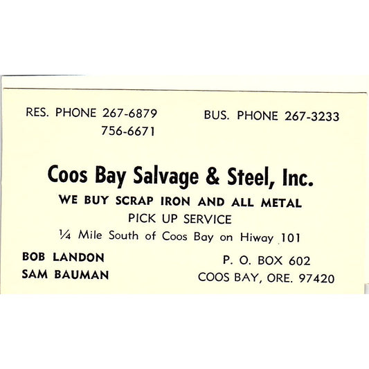 Bob Landon Sam Bauman Coos Bay Salvage & Steel OR Vintage Business Card SC9-B12