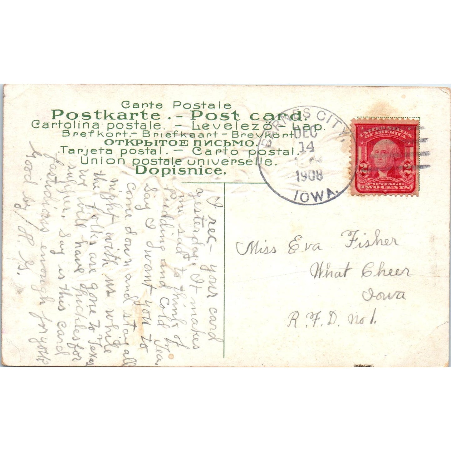 1908 Greetings from Oskaloosa Iowa Postcard PD3