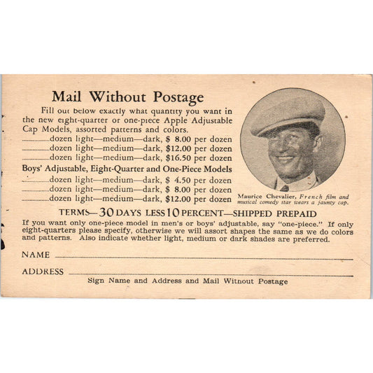 Apple Hat Mfg. Co St. Louis MO Jaunty Cap Mail Order Business Reply Postcard PC8