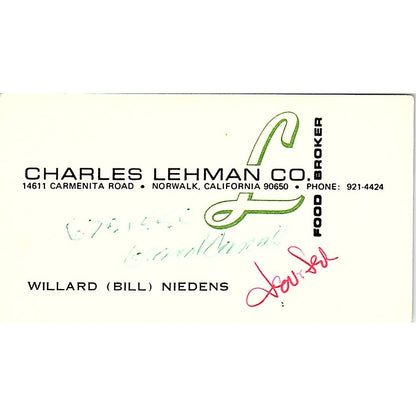 Willard Niedens Charles Lehman Co Norwalk CA Vintage Business Card SD9-B10