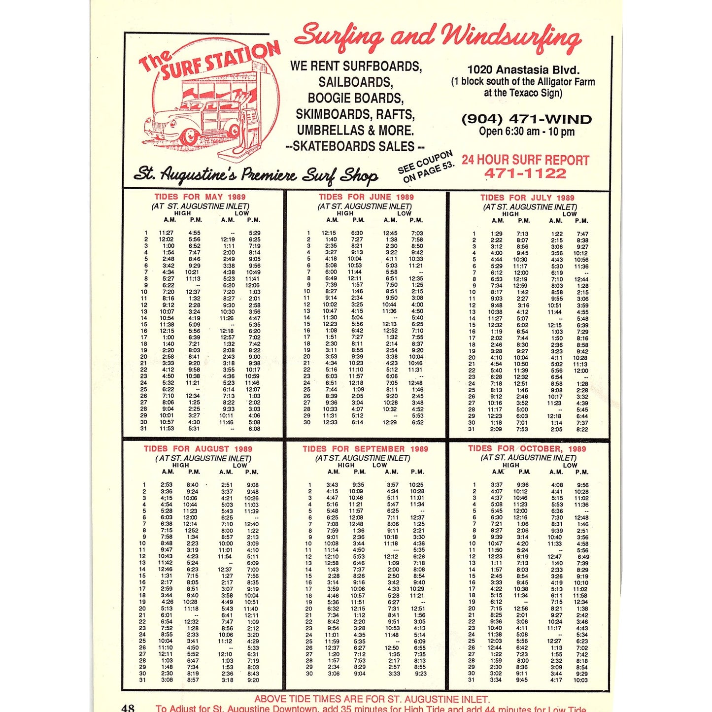 The Surf Station Tide Charts St. Augustine FL 1989 Ad AF9-13