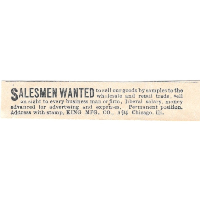 Salesmen Wanted King Mfg Co Chicago IL 1894 Ad AB6-S7