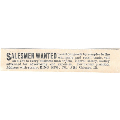 Salesmen Wanted King Mfg Co Chicago IL 1894 Ad AB6-S7