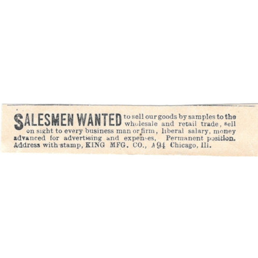 Salesmen Wanted King Mfg Co Chicago IL 1894 Ad AB6-S7