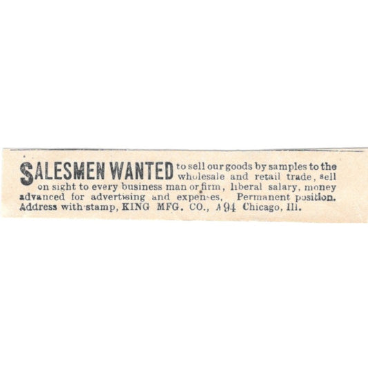 Salesmen Wanted King Mfg Co Chicago IL 1894 Ad AK6-S7
