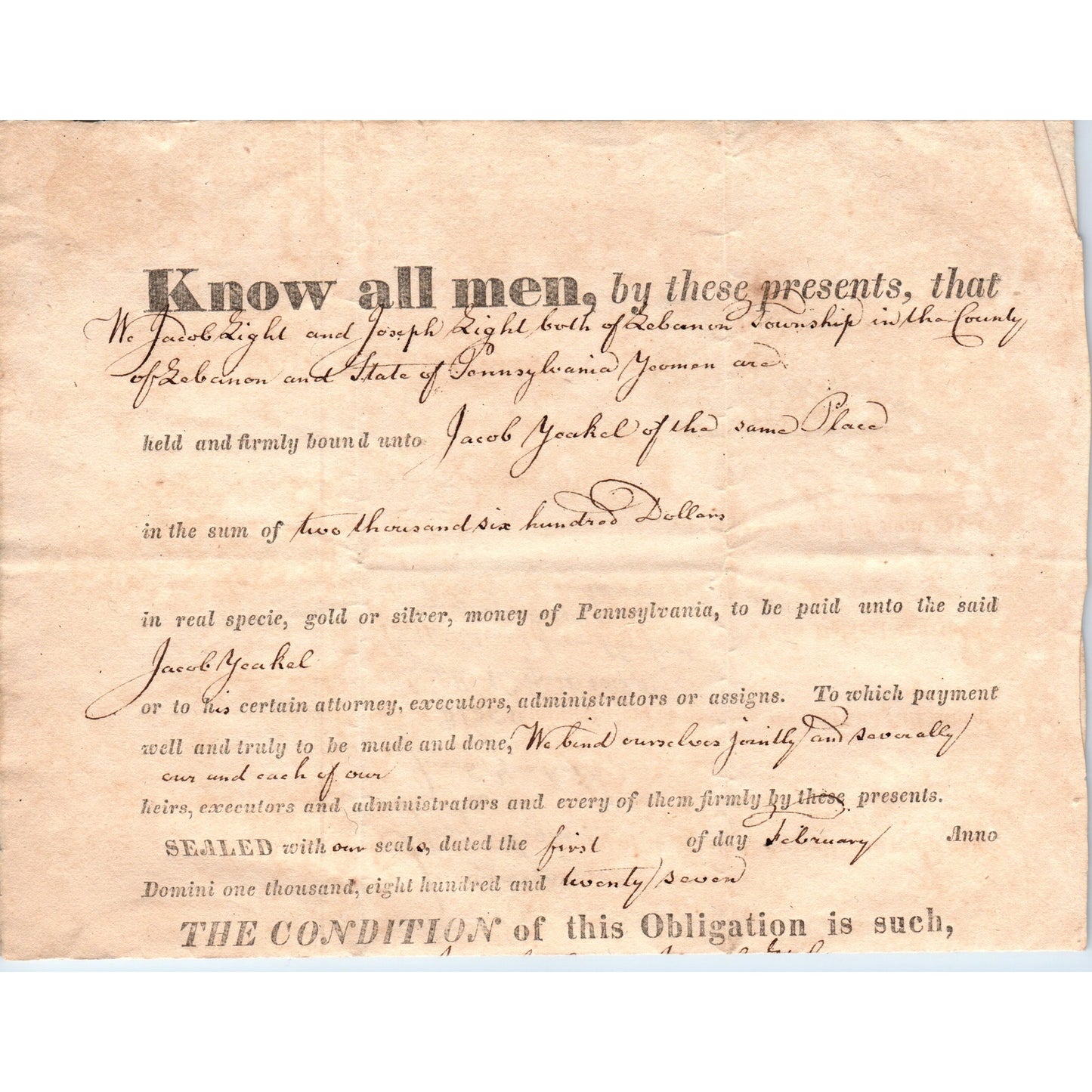 1821 Lebanon Township PA Bond Agreement Jacob, Joseph Light & Jacob Yoakel D21