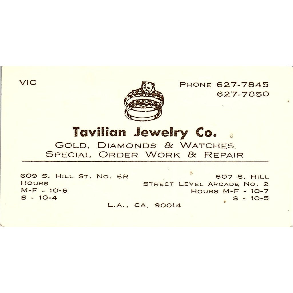 Tavilian Jewelry Gold Diamonds Los Angeles C.A  Vintage Business Card SF3-B9