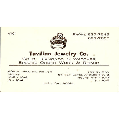 Tavilian Jewelry Gold Diamonds Los Angeles C.A  Vintage Business Card SF3-B9