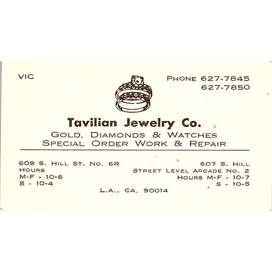 Tavilian Jewelry Gold Diamonds Los Angeles C.A  Vintage Business Card SF3-B9