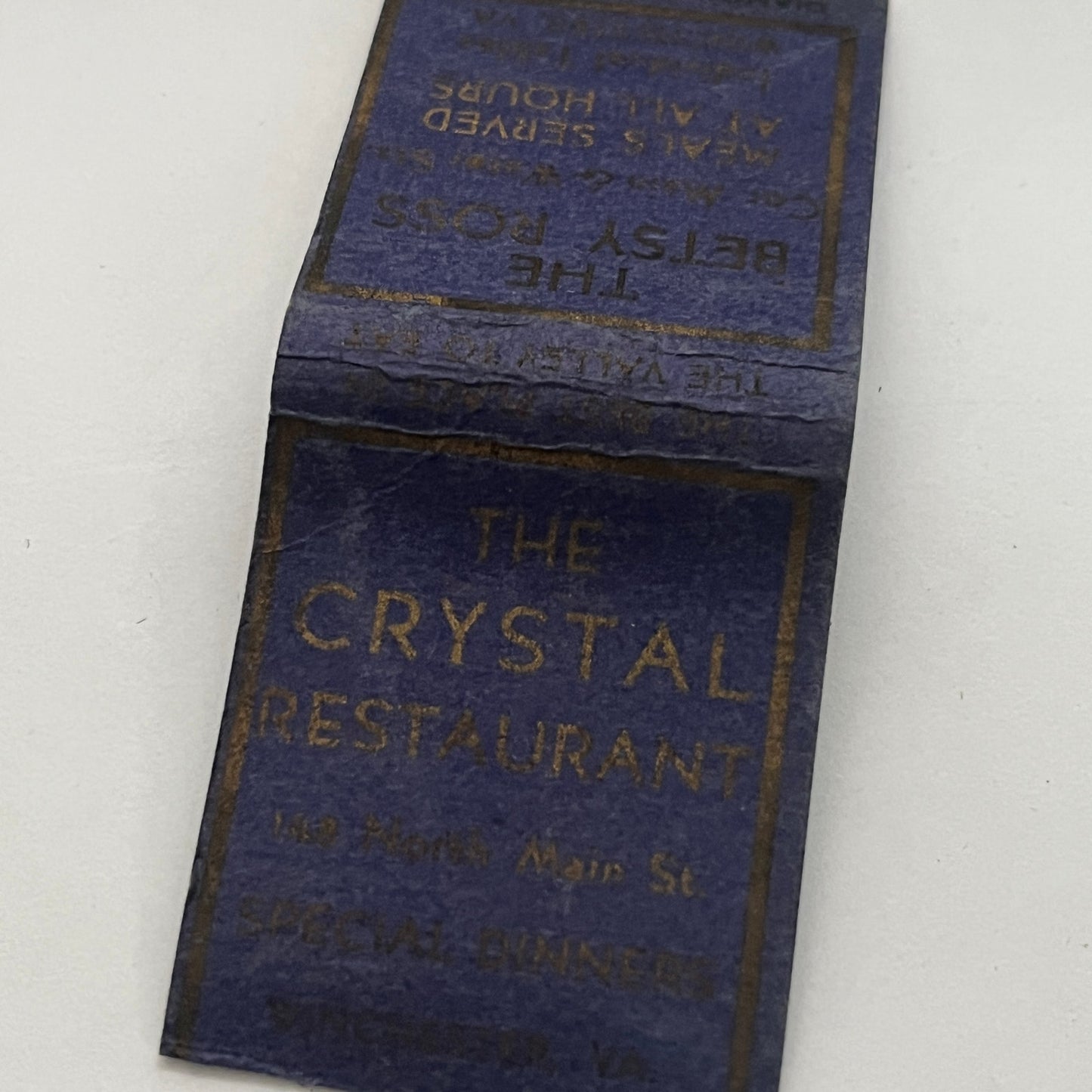 The Crystal Restaurant Richmond VA Betsy Boys Vintage Matchbook Cover TB8-MB2-1