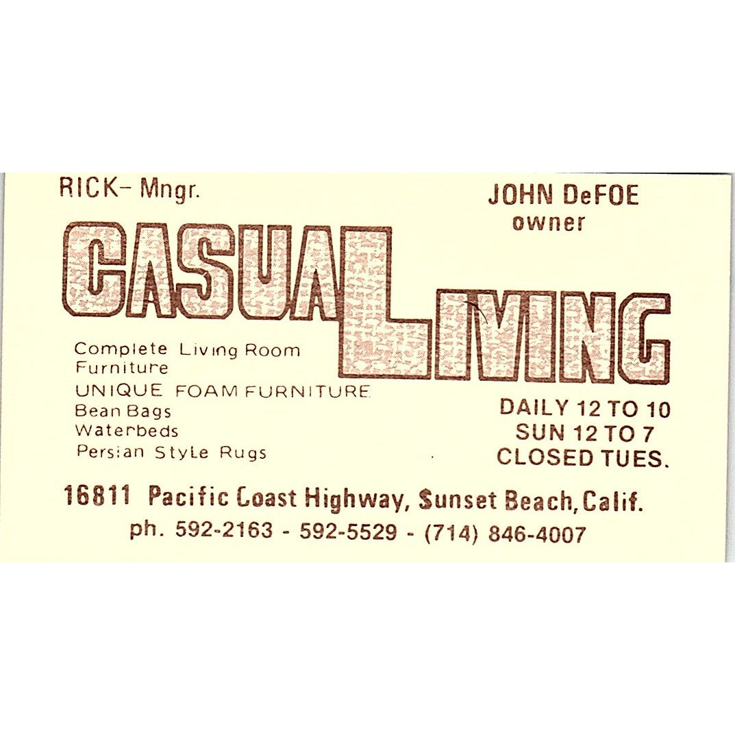 Casual Living Rick John DeFoe Furniture Sunset Beach CA Business Card SF3-B2