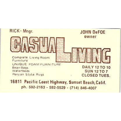 Casual Living Rick John DeFoe Furniture Sunset Beach CA Business Card SF3-B2