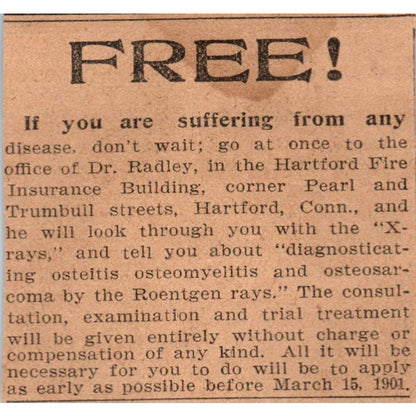 Dr. Radley Health Examination Hartford 1901 Newspaper Ad AD8-HS1