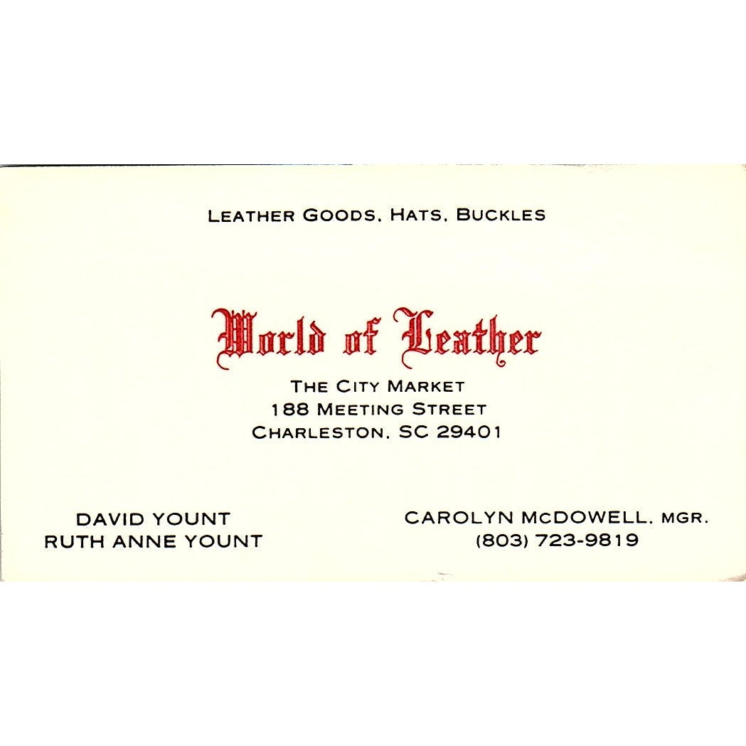 World of Leather David & Ruth Anne Yount Charleston SC Vtg Business Card SD9-B5