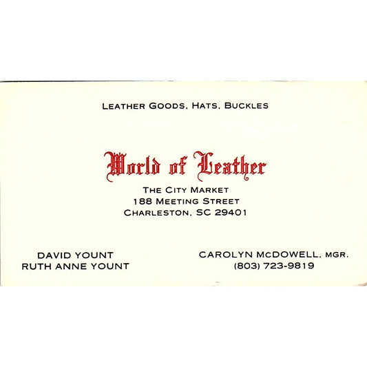 World of Leather David & Ruth Anne Yount Charleston SC Vtg Business Card SD9-B5
