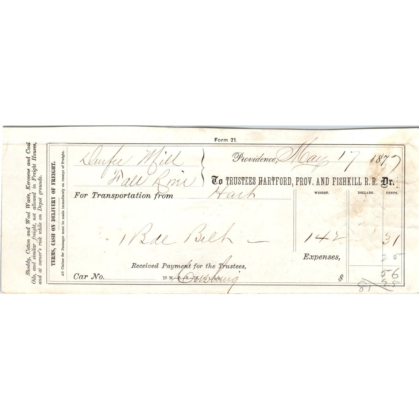 1877 Trustees Hartford, Providence and Fishkill Railroad Bank Check AD8-R5