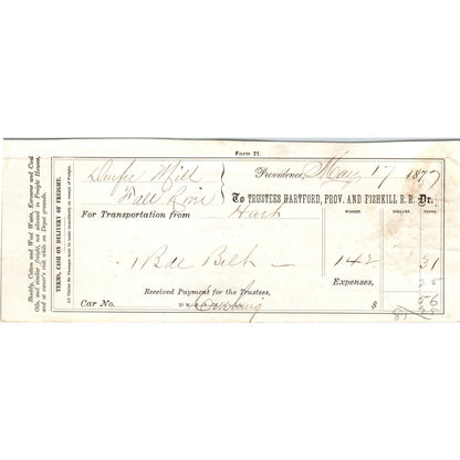 1877 Trustees Hartford, Providence and Fishkill Railroad Bank Check AD8-R5