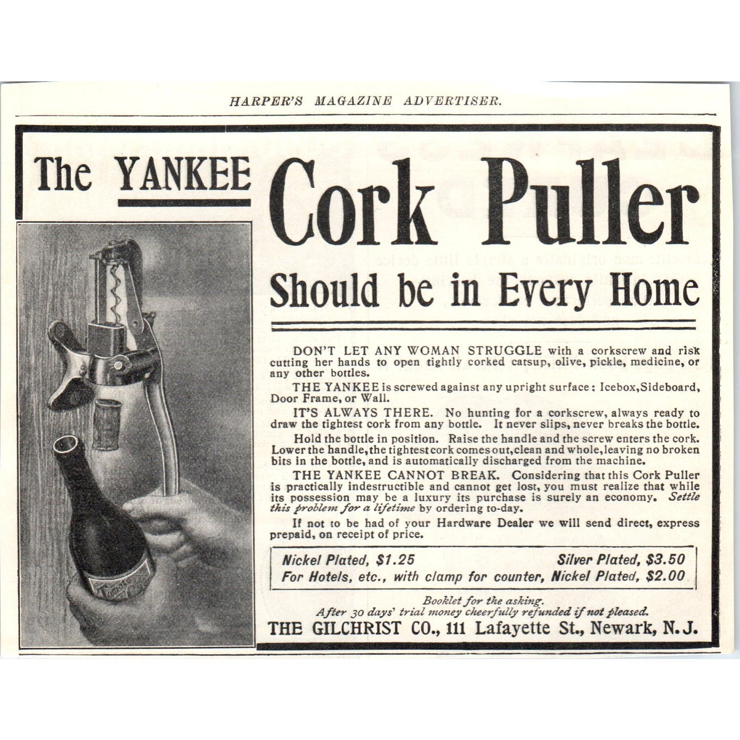 The Yankee Cork Puller Gilchrist Co Newark NJ 1905 Original Advertisement AE7-A1