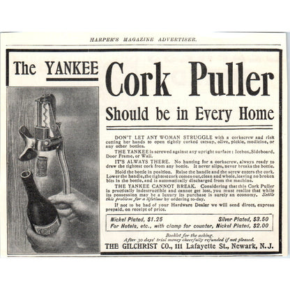 The Yankee Cork Puller Gilchrist Co Newark NJ 1905 Original Advertisement AE7-A1