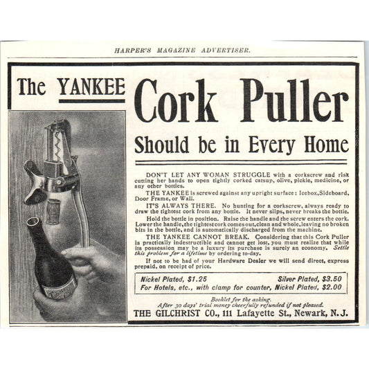 The Yankee Cork Puller Gilchrist Co Newark NJ 1905 Original Advertisement AE7-A1