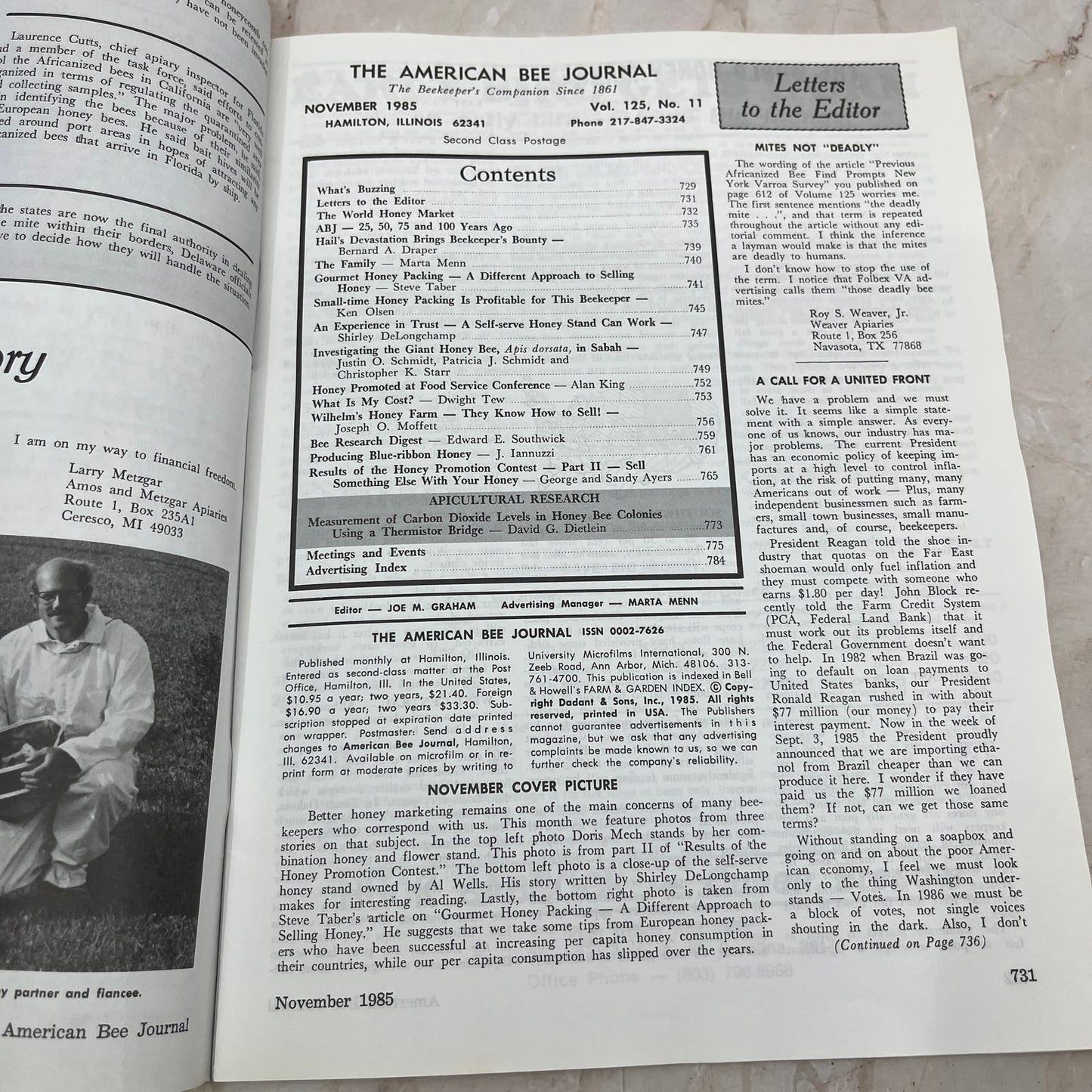 1985 Nov American Bee Journal Magazine Bees Beekeeping Honey M8