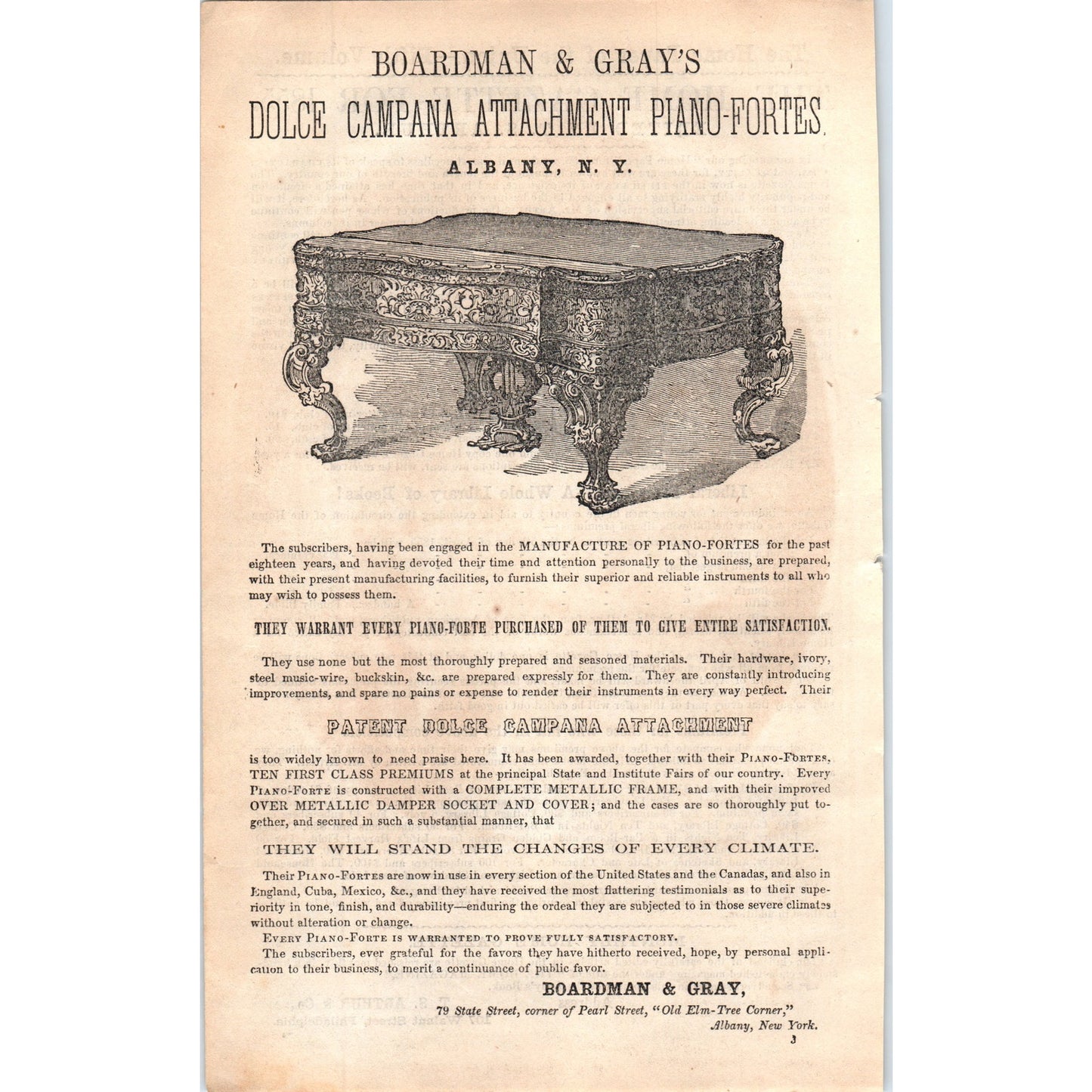 Boardman & Gray Dolce Campana Piano Fortes Albany NY 1857 Original Ad D19-5