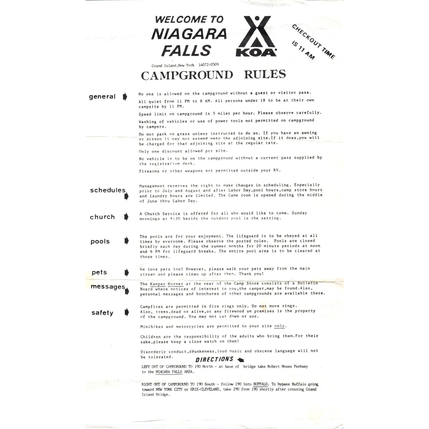 1960s Niagara Falls Grand Island NY KOA Campground Rules and Map D23